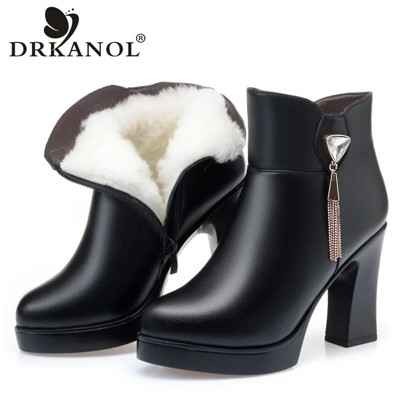 

DRKANOL Winter Fluffy Fur Warm Shoes Women High Heel Ankle Boots Ladies Metal tassel 100% Natural Wool Pointed Toe Short Boots