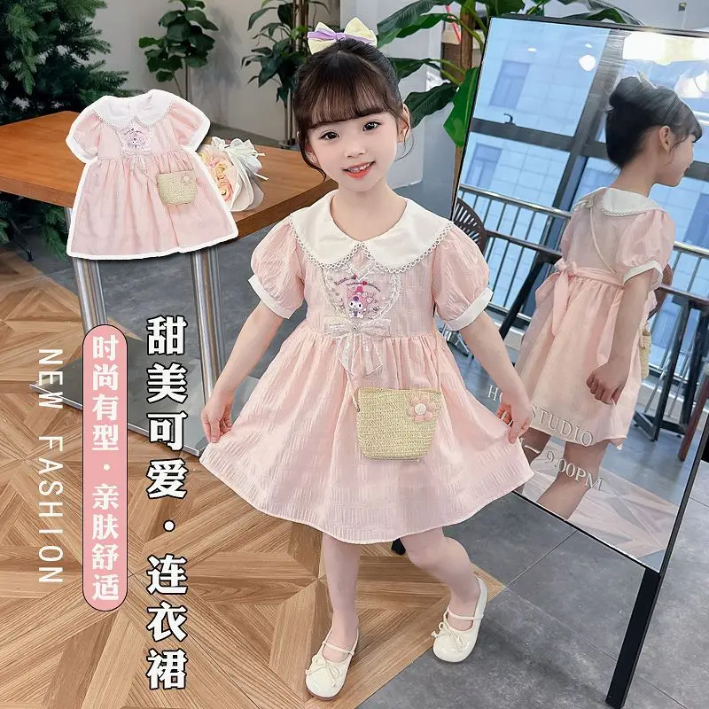 

2024 Girls Kuromi Dress Kawaii Sanrio Anime Tops Summer Sweet Cute Cartoon Babys Doll Neckline Princess Dress Gift for Kids