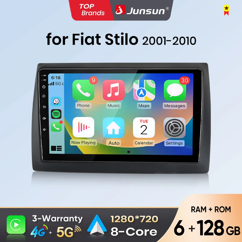 Junsun Android Auto Autoradio für Fiat Stilo 2001 2002 2003 2004 2005 2006 2007-2010 Multimedia Wireless Apple CarPlay Smart Intelligent Systems IPS Touchscreen Stereo Video Player 2 Din Autoradio Head Unit Navigation BT GPS 4G WIFI FM AM DSP RDS SWC