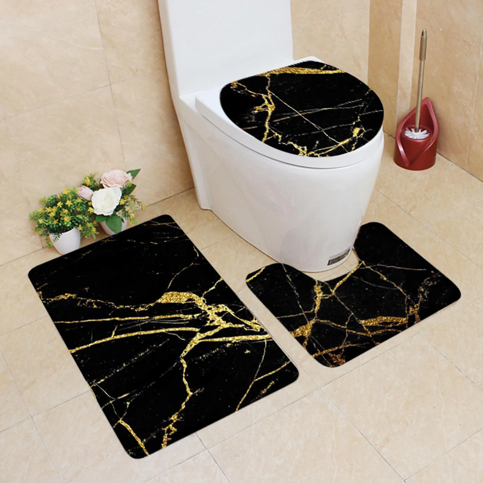 3pcsBathroomMatSetBlackGoldPrintBathRugMatAndToiletLid