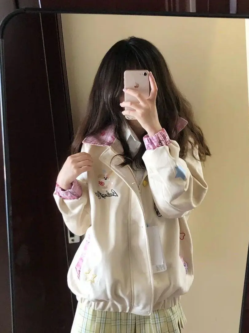 레트로 아메리칸 스웨이드 재킷 자수된 강아지 목걸이 여성용 봄 가을 레이지 스타일 야구 유니폼 긴 소매 루즈핏