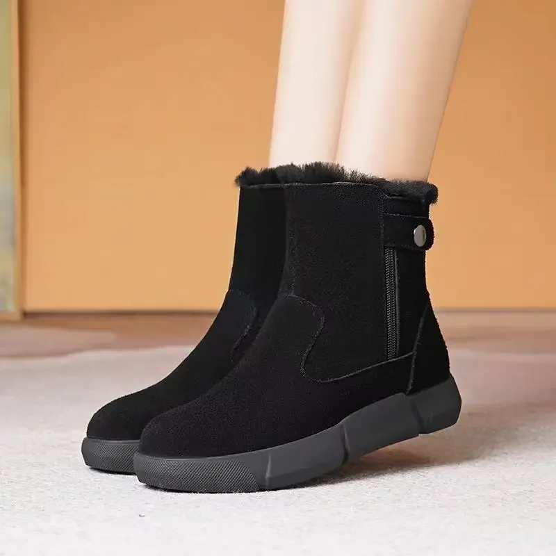 

Женская обувь 2023, модные женские ботинки на молнии, зимние однотонные теплые ботинки из флока на низком каблуке с круглым носком, повседневные ботинки для снега