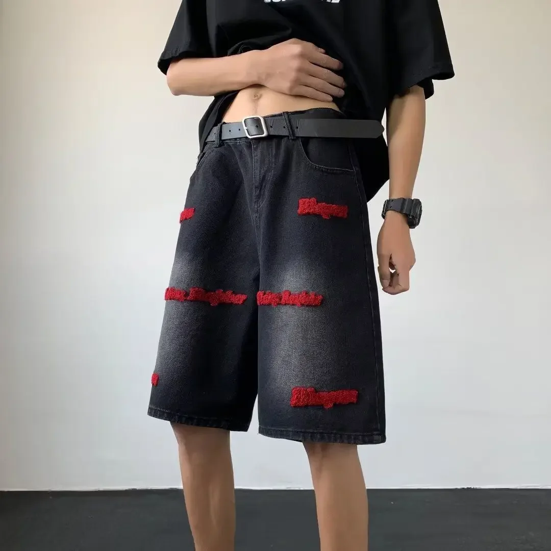 Denim Shorts Summer Jeans Shorts American style men embroidered retro high street washed fashion Instagram hip-hop sports