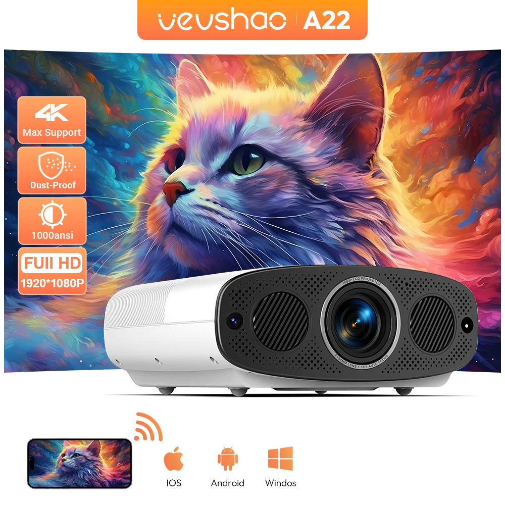 VEVSHAO A22 Projector, Full HD 1080P 4K 1000 ANSI Android WiFi Auto Focus with Dual 10W Speakers for Home Theater Office Meeting Video