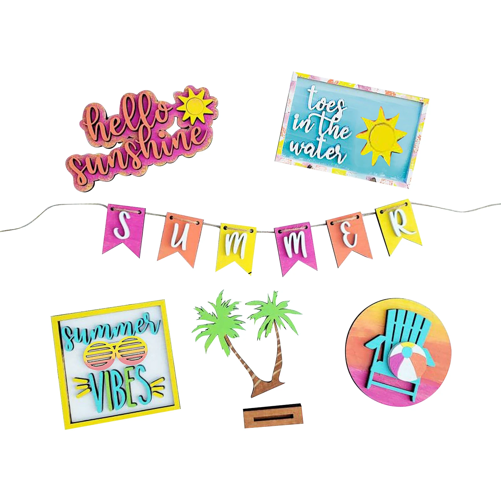 

12pcs Sunshine Theme For Shelf Holiday Party Wood Sign Mini Kitchen Tiered Tray Decor Set DIY Atmosphere Farmhouse Summer Beach