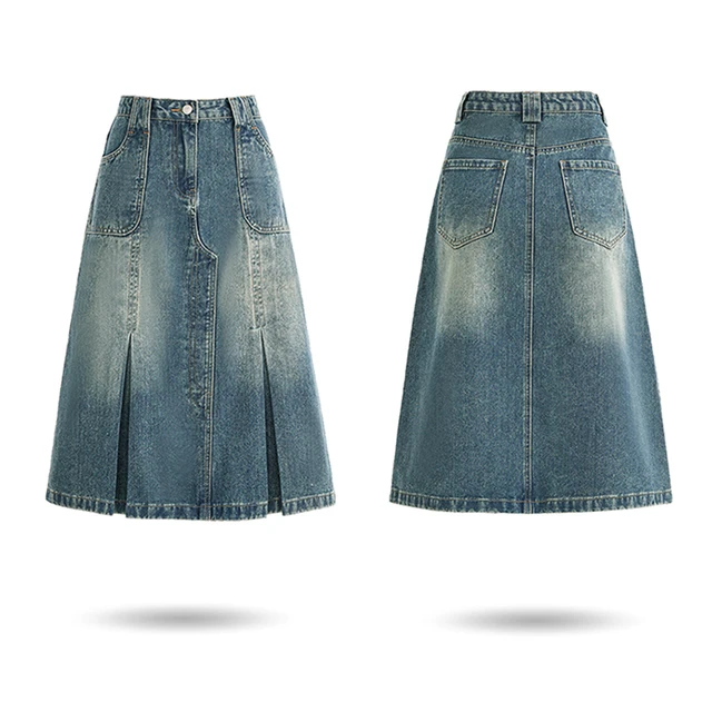 Summer New Denim Skirt With Pleats, Fashionable Trend, Retro Blue , High Waist, Slimming A-Line Mid Length Skirt For Women 1