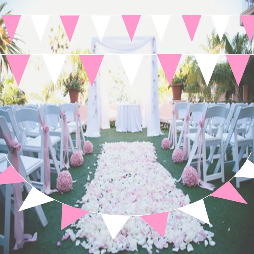 25 Feet White Pink Pennant Banners Flags String Hanging Triangle Bunting Flags Party Decorations for Grand Opening Kids Birthday