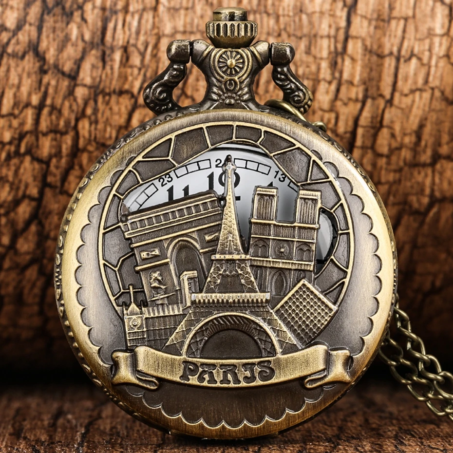 

Bronze France Paris Eiffel Tower Quartz Necklace Watch Hollow Cutout Buildings Analog Souvenir Gifts Pocket Watch for Men Women