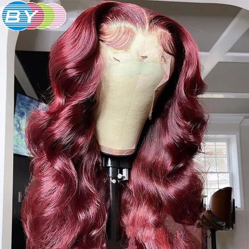 Frontal do Laço para as Mulheres Dianteira do Laço Onda do Corpo Perucas de Cabelo Colorido Borgonha 4 Peruca Pré-arrancadas Vermelho Transparente Humano Peru 99j 13 × 2 frontal do laço para as mulheres pré-arrancadas