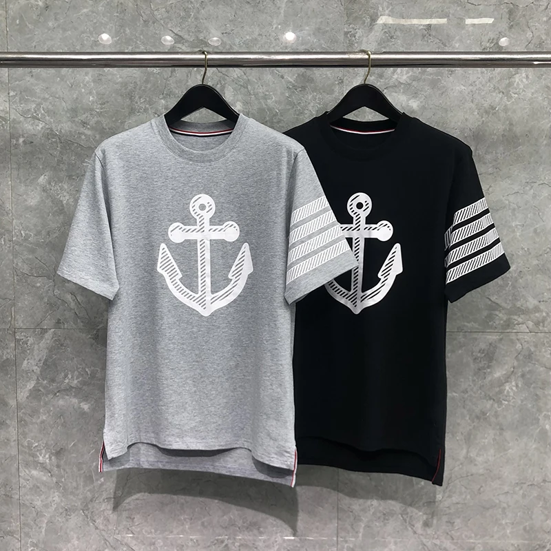 

TB THOM T Shirt For Men Summer New Arrival Korean Fashion Tees Pure Cotton Anchor Pattern Stripes Tops Casual Sport T-shirts