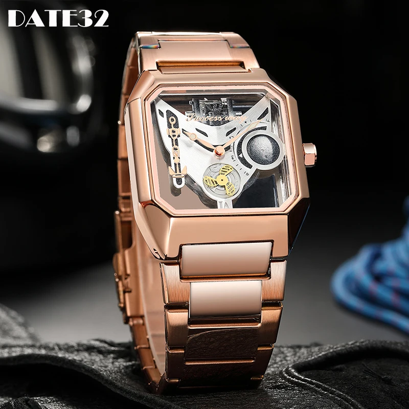 Skeleton Hollow Men Quartz Watches Luxury Steampunk Rose Gold