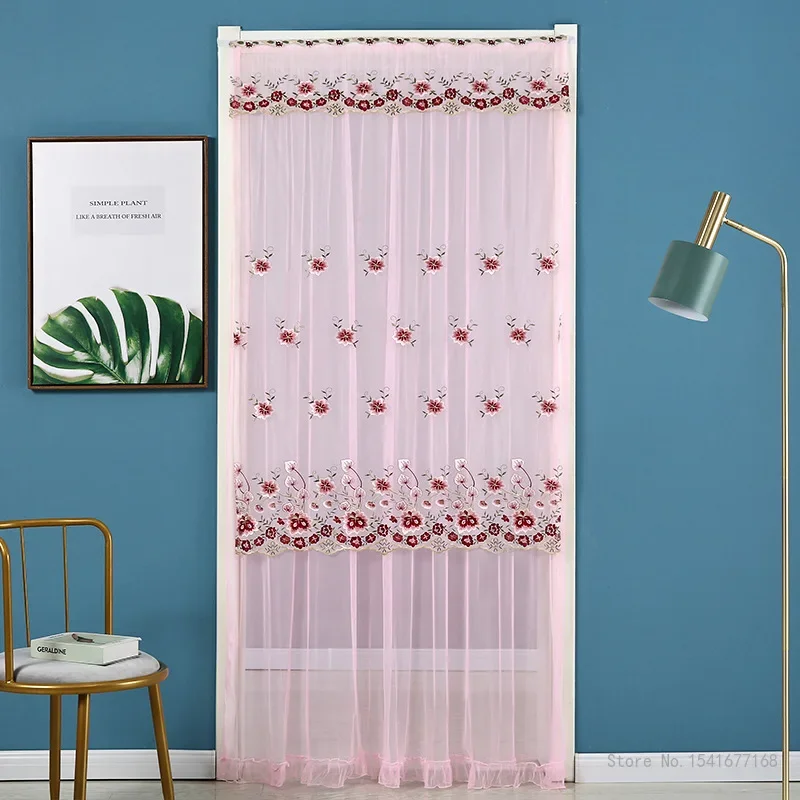 Punch-free Mosquito Screen Curtain Door Curtain, Breathable Bedroom Partition Curtain Double Layer Lace Embroidered Door Curtain