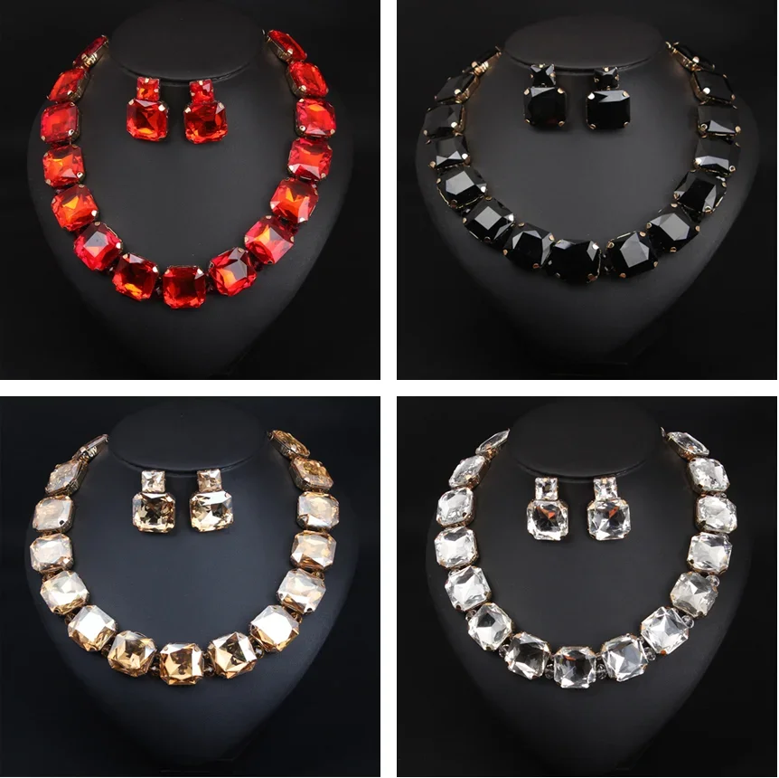 Bohemian Geometric Red Crystal Bridal Wedding Jewelry Sets For Women Statement Rhinestone Gold Color Clavicle Luxury Jewelry bridal jewelry sets crystal jewelry sets