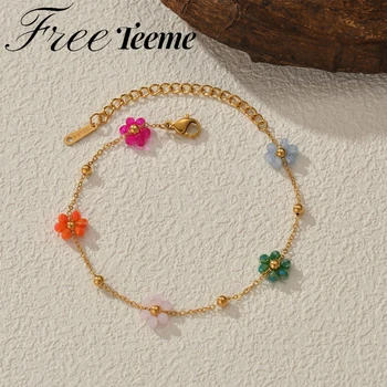 Freeteeme Bracciale fiore colorato moda per donne Ragazze Gioielli in acciaio inossidabile Perline color oro Catena Regalo di San Valentino 1