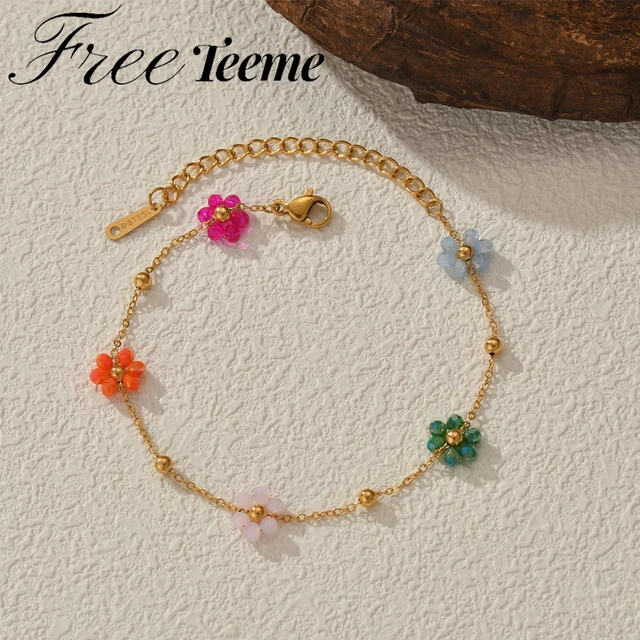 Freeteeme Bracciale fiore colorato moda per donne Ragazze Gioielli in acciaio inossidabile Perline color oro Catena Regalo di San Valentino 1