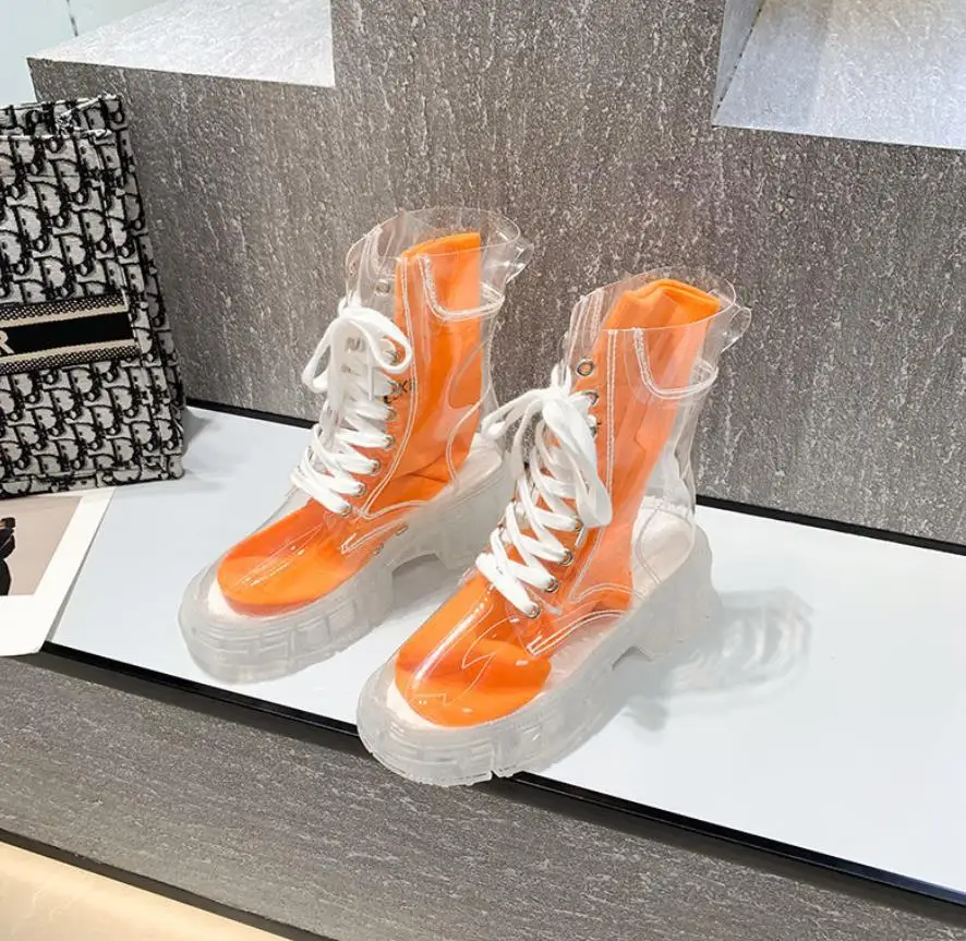 2021 Cool Fashion Women Transparent Platform Boots Waterproof Ankle Boots Feminine Clear Heel Short Boots Sexy Female Rain Shoes 
