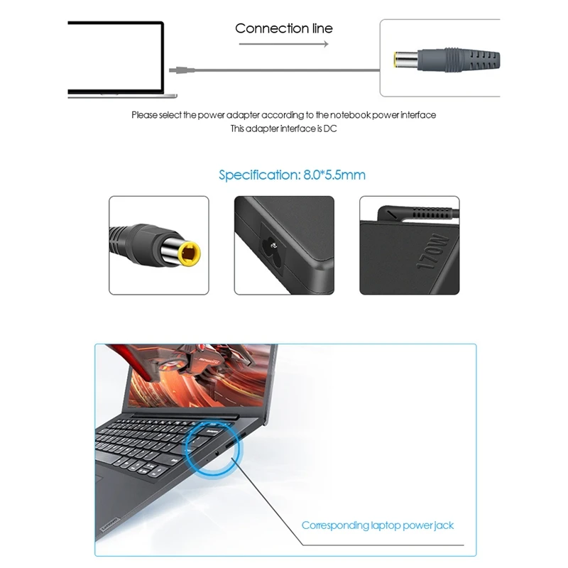 Lenovo 노트북 씽크패드 W520 W530 노트북 전원 어댑터, 170W 노트북 충전기, 8.0X5.5Mm 인터페이스, 20V8.5A