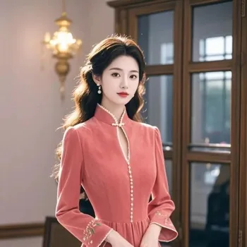 OCEANLOVE Pink Velvet Women Dresses Autumn Winter Palace Style Elegant Vestidos Mujer Vintage Fashion Sweet Long Dress 2