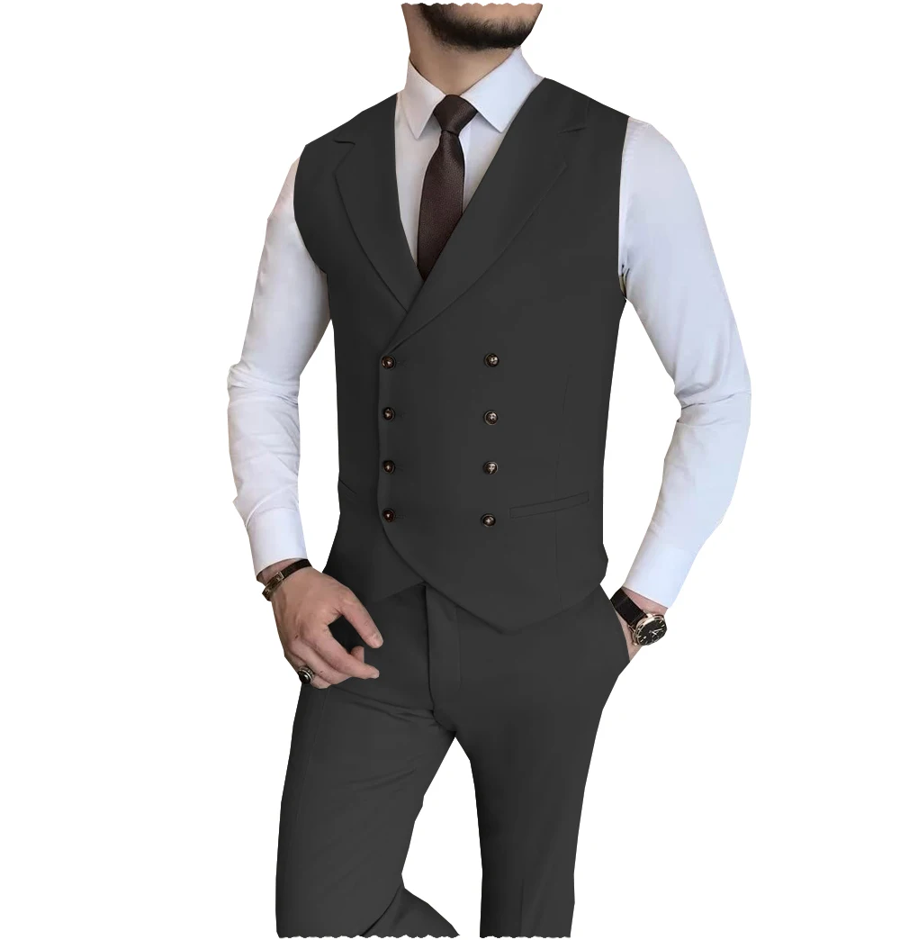 Black Men Vest Notch Lapel Double Breast Waistcoat Fashion Boutique Casual Business Groom Wedding Tuxedo Dress（Vest+Pants）