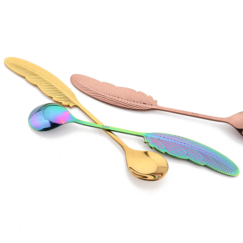 Feather Spoon Fork Stainless Steel TeaSpoon Creative Coffee Spoon For Ice Cream Cake Tool Decoration Cutlery Kitchen Accessories