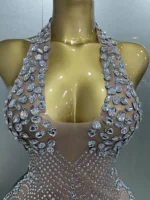 2025 New Sexy Sparkly Rhinestones Halter Backless Mesh Velour Short Dress Women Evening Prom Celebrate Birthday Party Stage Wear - Image 3