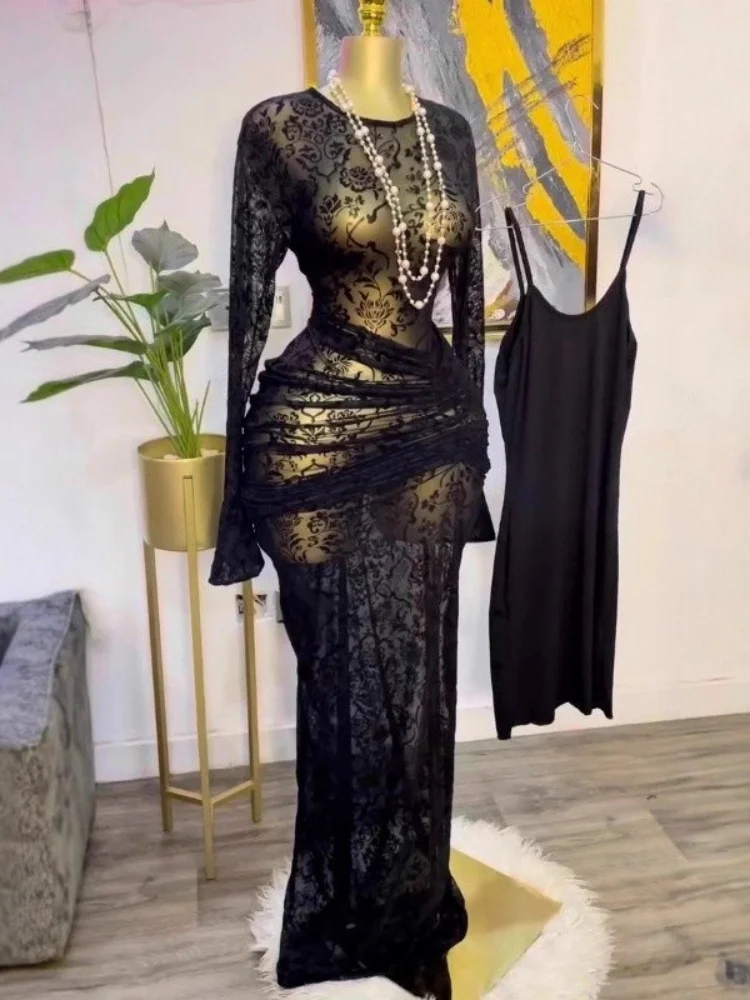 Wmstar Dresses Women Party Fall Women Wear Sexy Tulle Flower Velvet Pleated Dress with Inner Layer Wholesale Drop Shopping