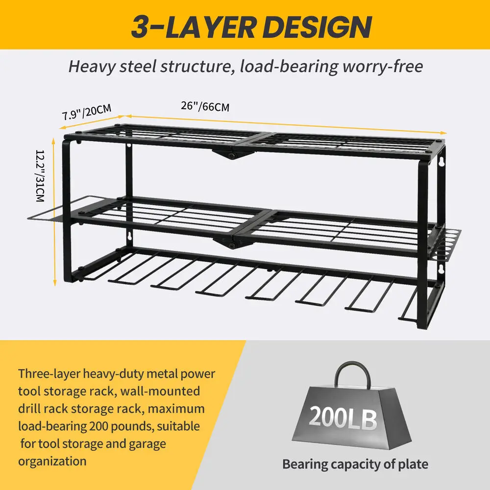 Heavy Duty Power Tool Organizer Drill 26" 3-Layer Holder Wall Mount Storage Rack 6