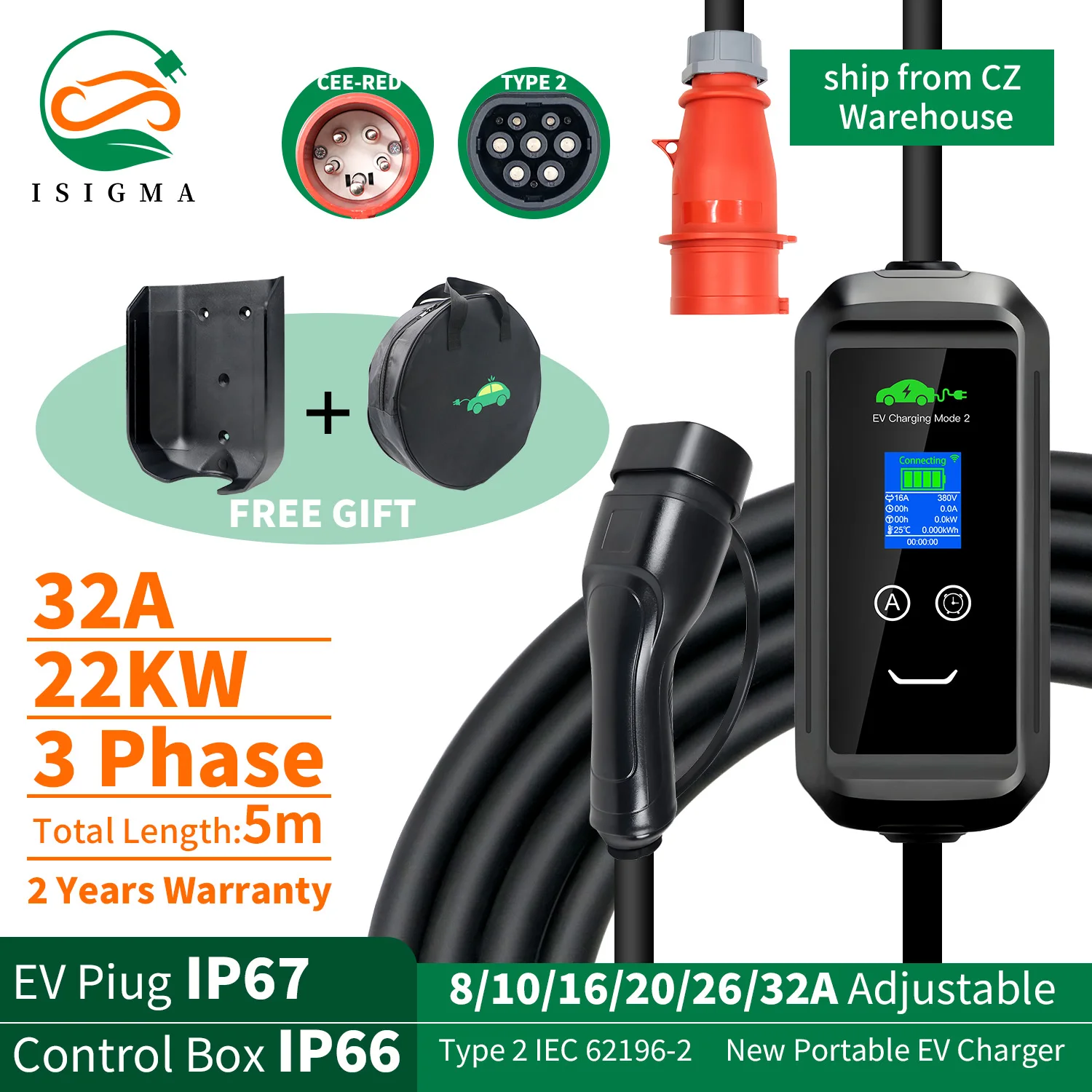 ISIGMA 32A 22kw Type2 cargador EV portátil IEC 62196-2 Tuya APP temporizador EVSE carga Type2 enchufe Wallbox coche eléctrico Cable de 5M