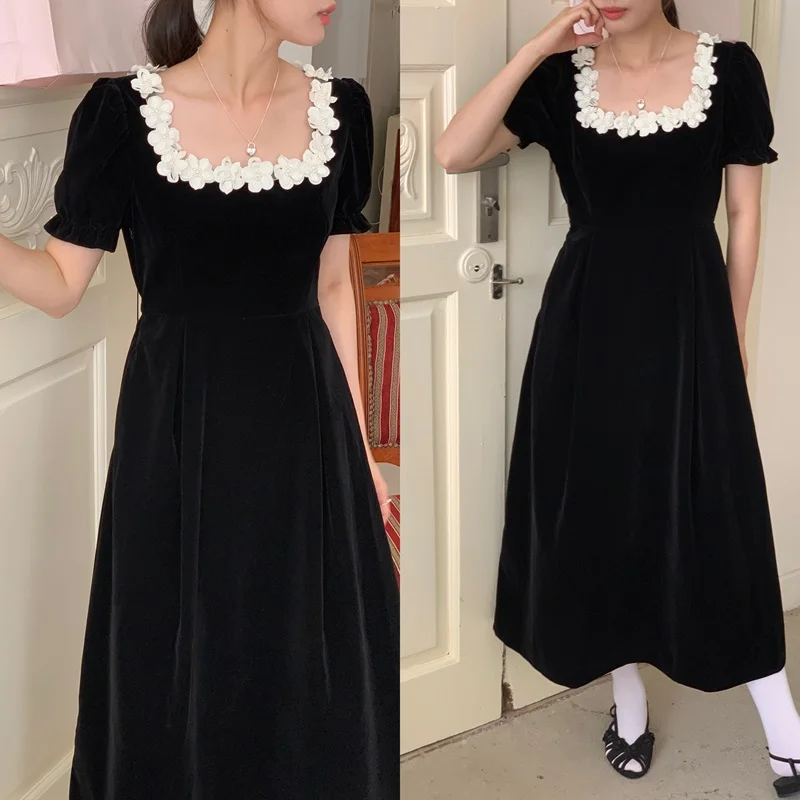 Autumn French Vintage Black Velvet Midi Dresses for Women Puff Sleeves Square Collar A-line Korean Fashion Vestido Mujer New