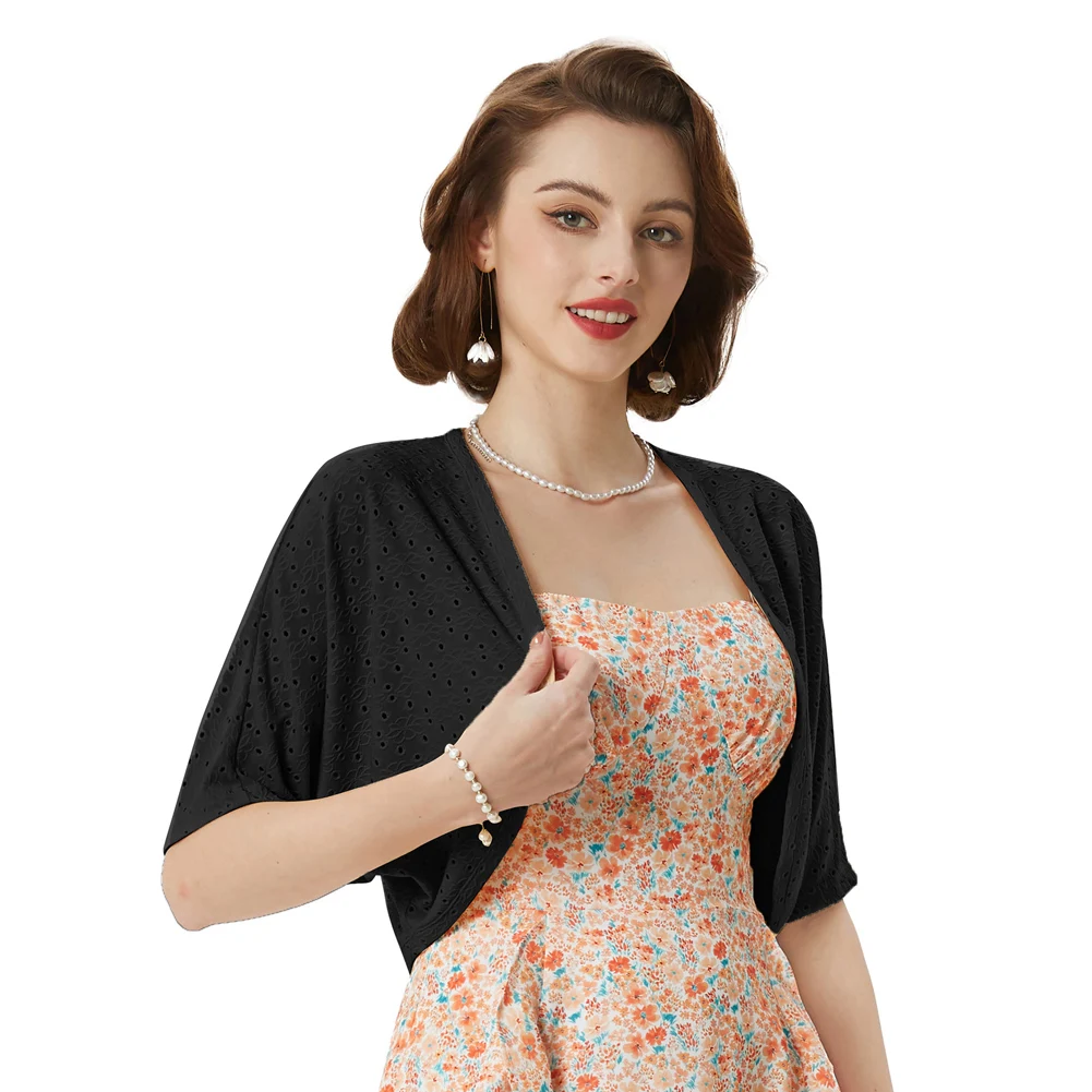 BP Women Vintage Retro Hollowed-out Bolero 1/2 Sleeve Open Front Irregular Hem Shrug Tops Casual Fashion Summer Short Coats