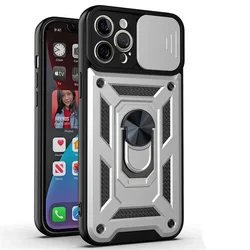 Armor Shockproof Magnetic Ring Stand Holder Case - Premium Protective Back Cover - iPhone 14 puls (Silver)
