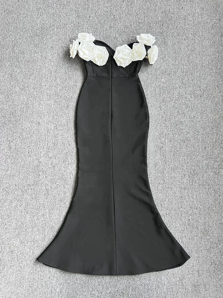 New Cocktail Dress Elegant Party Evening Celebrity Prom Gown Sexy Black Bandage Flower Backless Off Shoulder Long Dresses