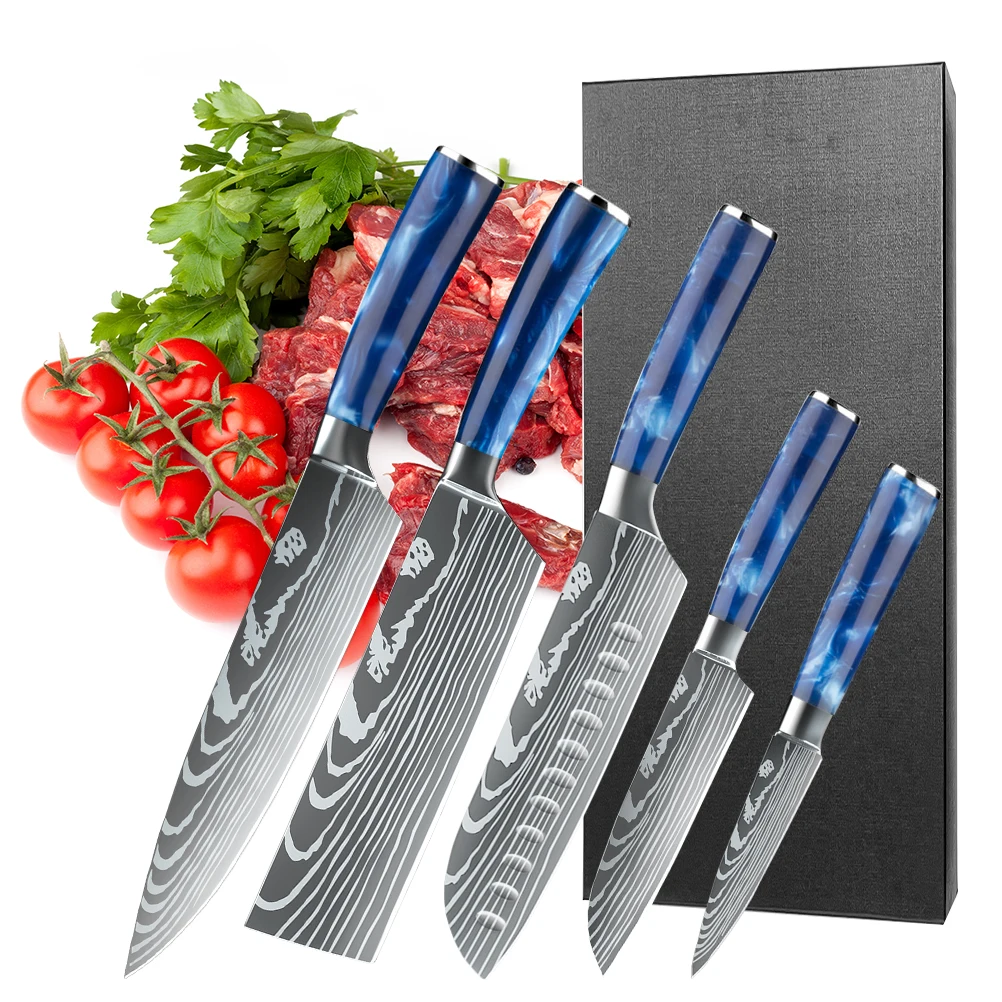 ZENG 8-teiliges Küchenmesser-Set aus Hochkarbon-Stahl mit Damastmuster und Blauem Kunstharzgriff, Ultrascharfe Kochmesser mit Geschenkbox – Detail 5