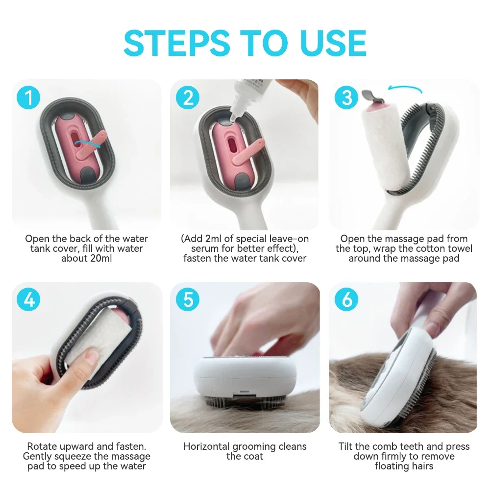 Cat Brush Long Hair Remover Brush for Dog Cat Silicone Pet Grooming Comb with Wipe and Water Tank Pet Product Accessories 5