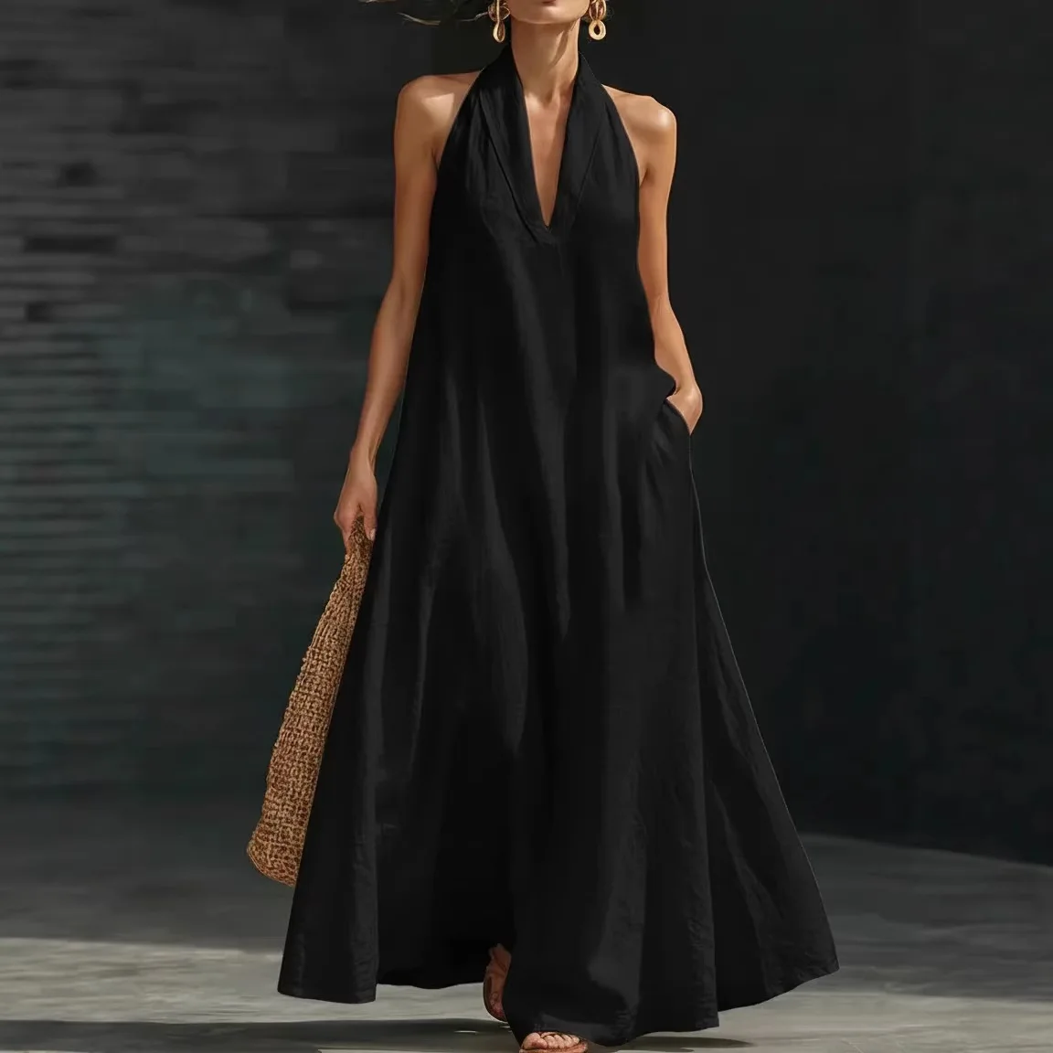 2026HalterneckSleevelessSexyVestWithPocketHemA-lineDressWomen