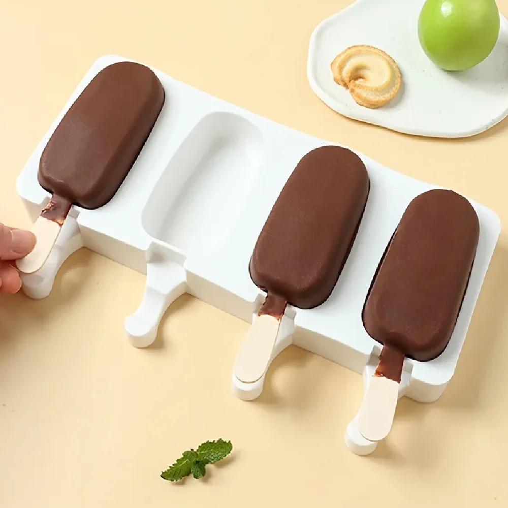 Moule à Glace En Silicone Pour Esquimaux / Magnum Cake - 4 Cavités, Sans BPA - +100 Bâtons En Bois - Pour Crème Glacée Maison