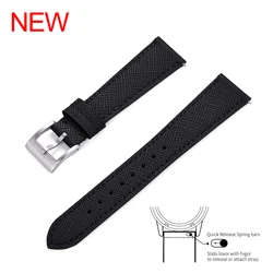 Vintage Stitched Leather Quick Release Watch Band - Retro Durable Replacement Strap - 24mm (Black Silver)