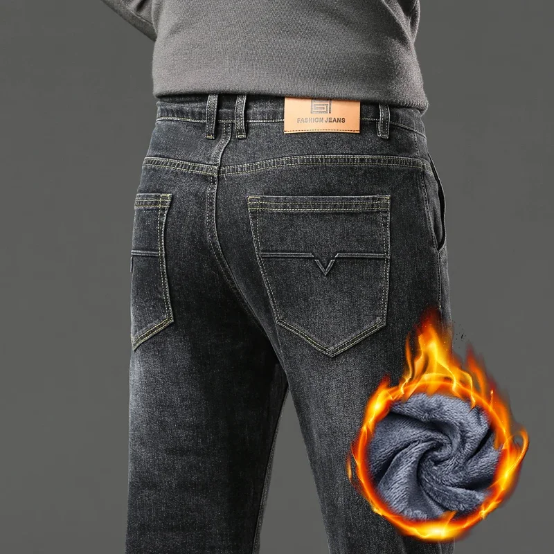 Men Jeans Retro Winter New Fleece Slim Stretch Jeans Fashion Warm Straight Casual Plush Thick Velvet Male Brand Denim Trousers 3