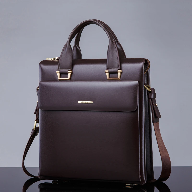 

Briefcase Cowhide Men's Large Capacity One-Shoulder Portable Crossbody Multi-Layer Long Vertical Casual Business Solid Color 1Pc