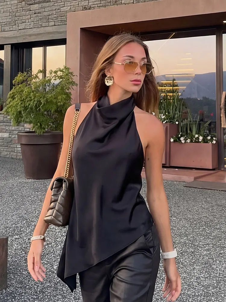 HH Womens Satin Halter Neck Top Asymmetrical Hem Sleeveless Blouse Elegant Party Club Summer Streetwear Crop Top 1