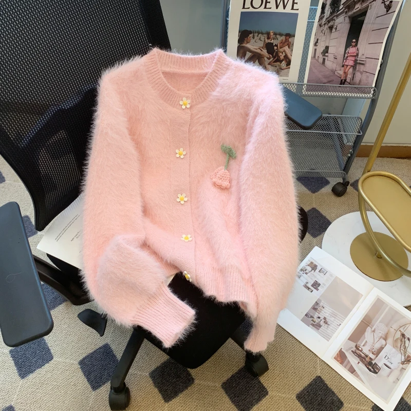 

Sweet Pink Mohair Knitted Loose Sweater Cardigan New Autumn Winter Women O Neck Floral Button Soft Imitation Mink Outwear Tops