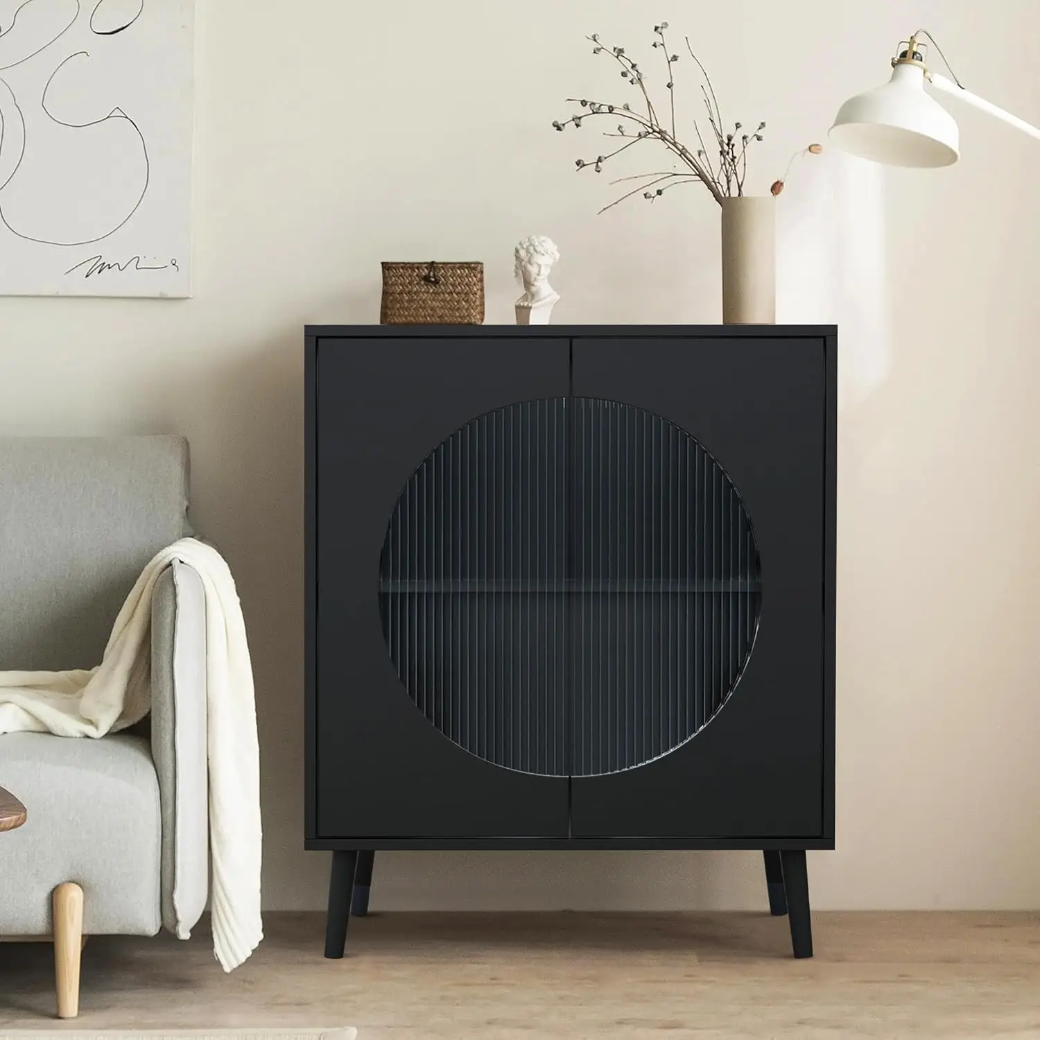 

Glass Sideboard Buffet Cabinet, Simple Accent Kitchen Storage Cabinet Modern Console Table TV Stand with Adjustable Shelves