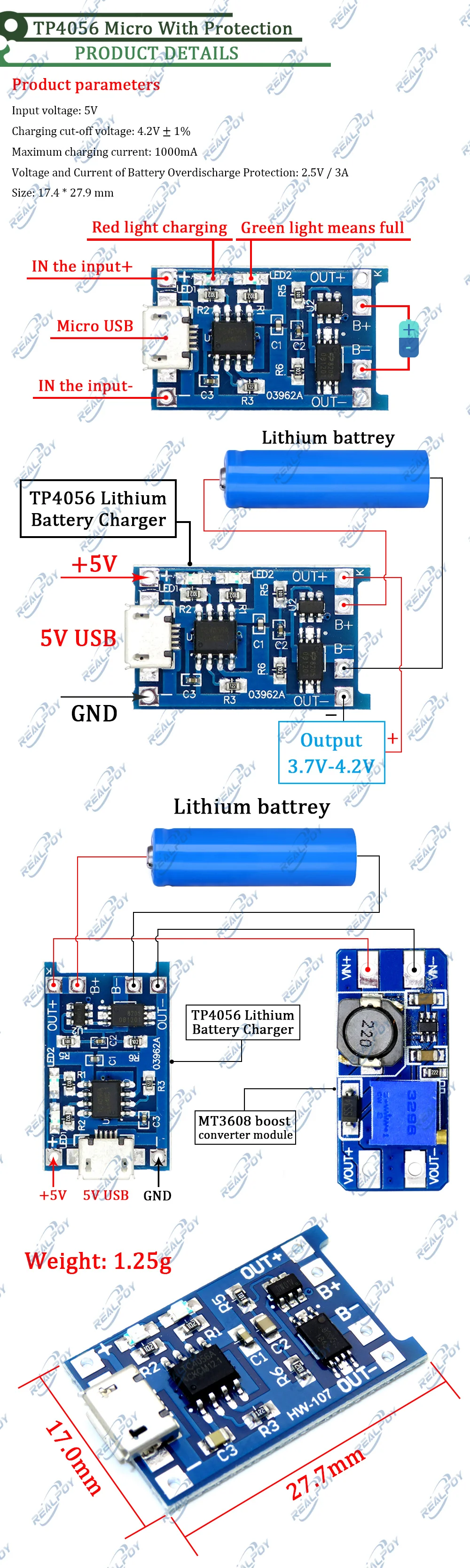TP4056 mit Schutz, zwei Funktionen, 5 V, 1 A, Mini-Micro-TYPE-C, USB 18650 Lithium-Batterie-Ladeplatine, Ladegerät-Modul, 1 A, Li-Ion – Detail 6