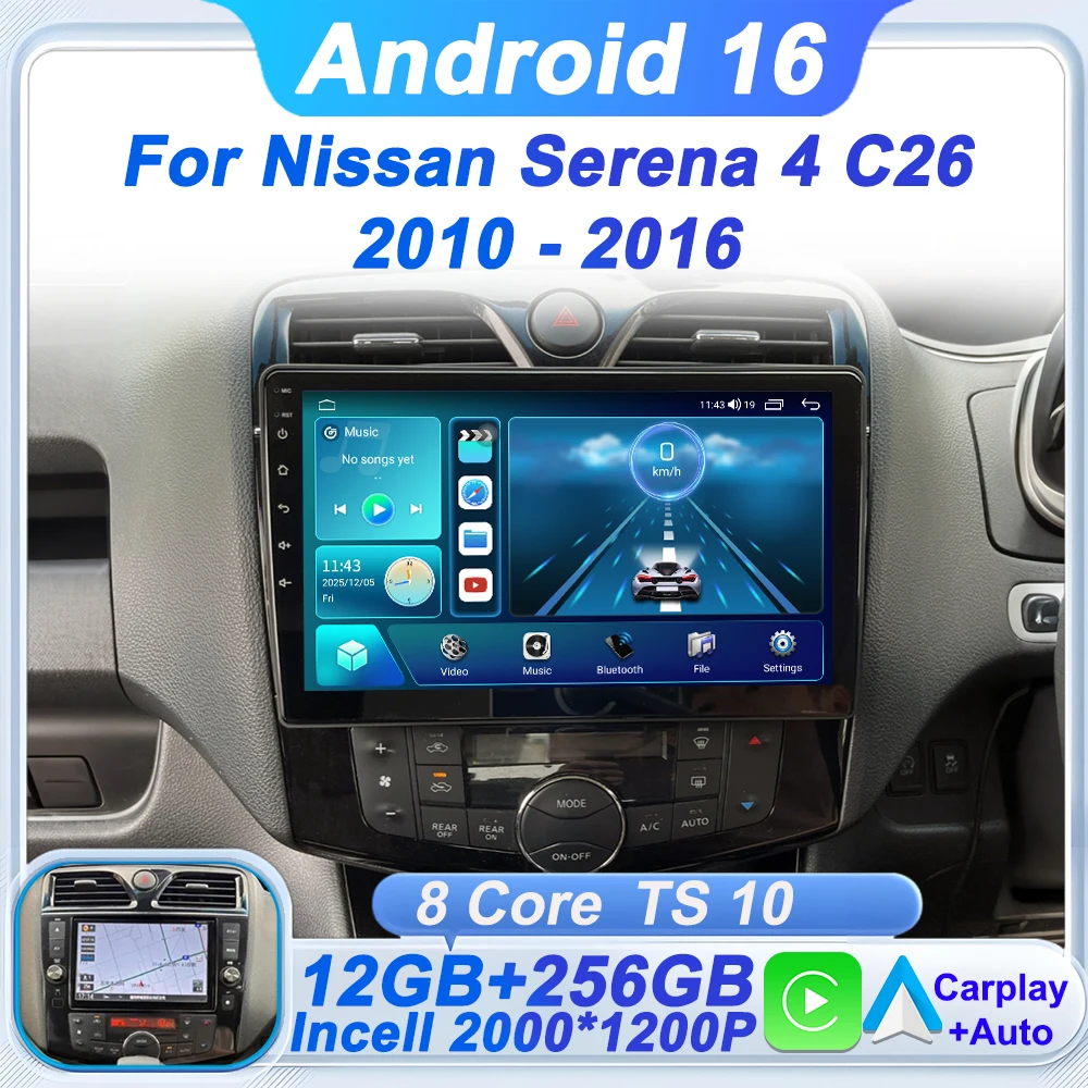 Radio Multimedia para Auto Android 16 para Nissan Serena 4 C26 2010-2016, Reproductor con Bluetooth, Carplay Inalámbrico, GPS, Estéreo, 4G, Wifi, FM 1