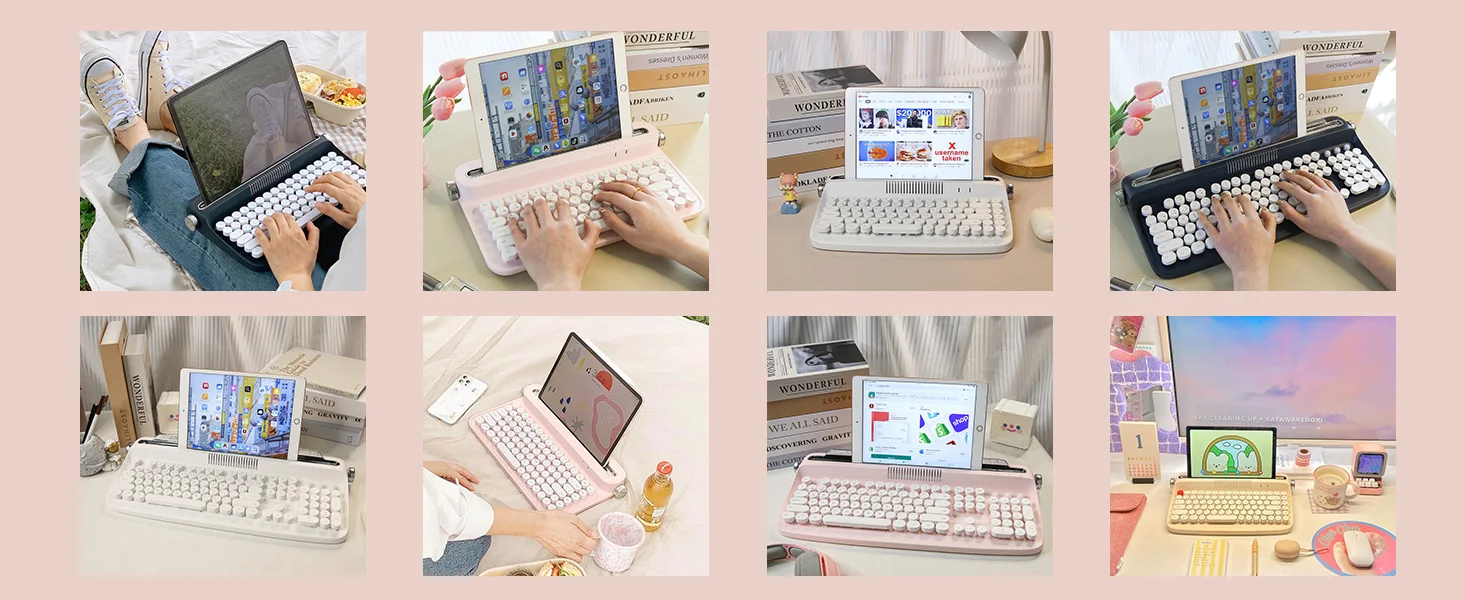 Bluetooth, teclado estético, suporte integrado para vários