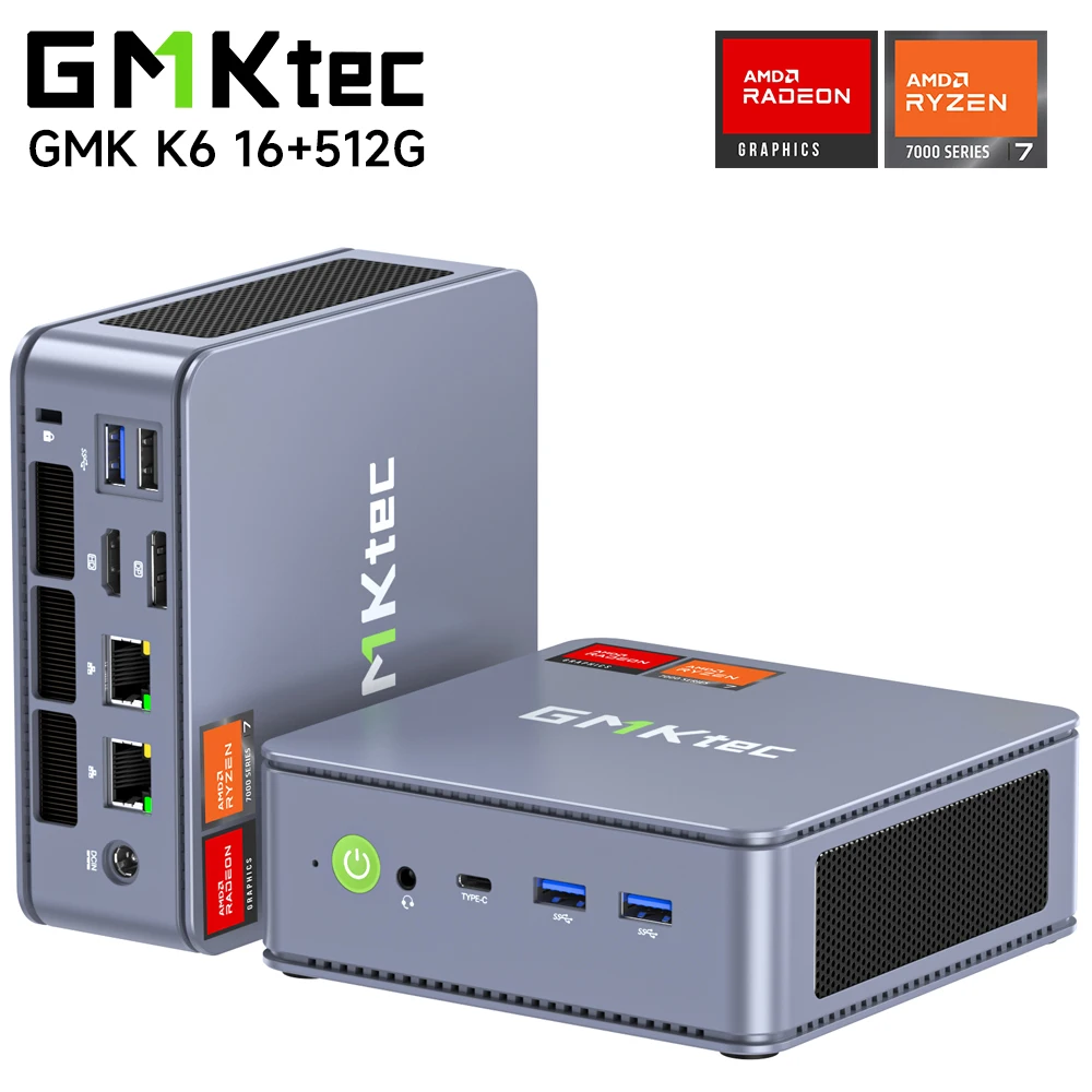 GMKtec 미니 PC 데스크탑 컴퓨터, K6, AMD R7 7840HS, 8 코어 16 스레드 컴퓨터, 16GB DDR5 512GB PCIe 4.0 SSD, WiFi 6E BT5.2