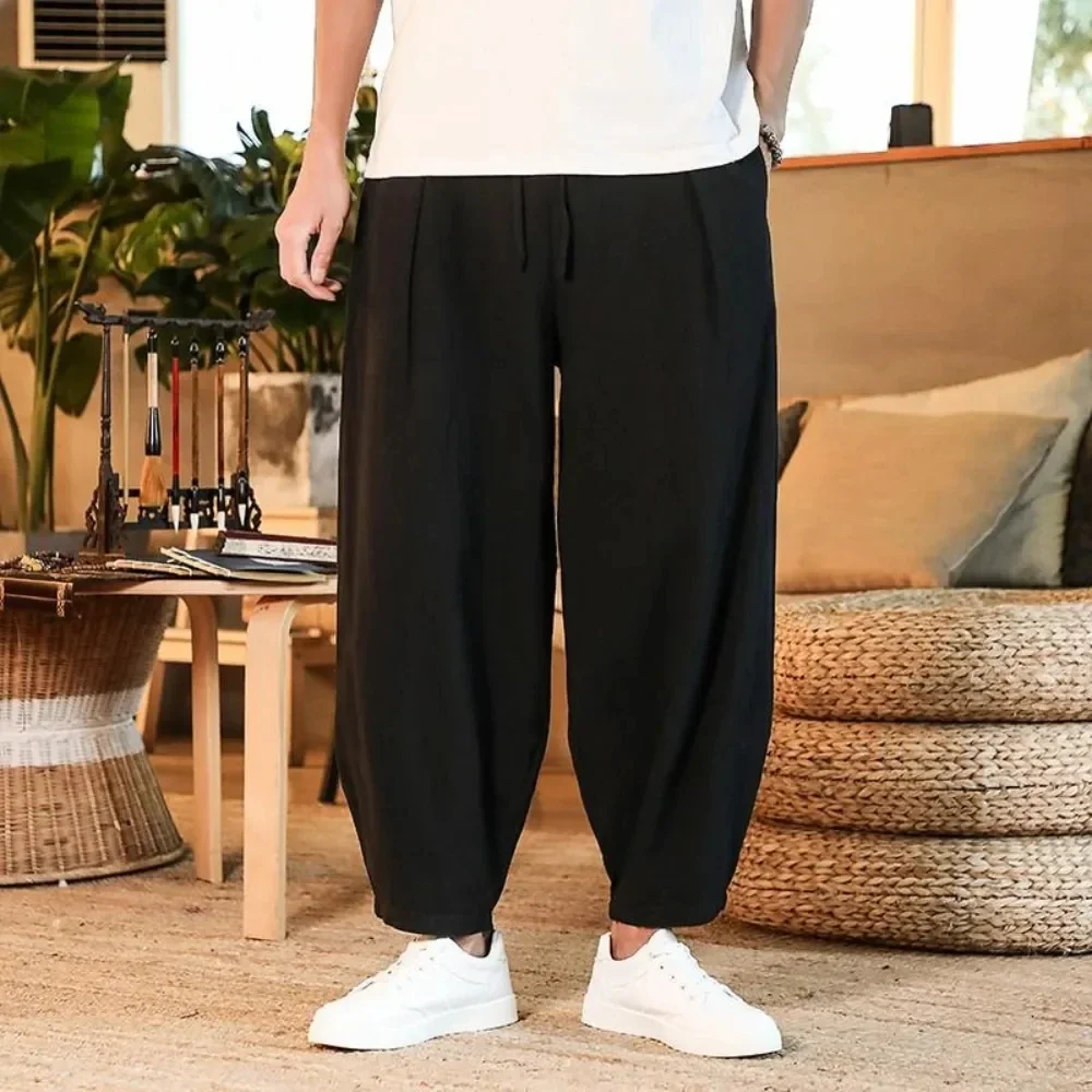 2024 Men's Pants Cotton and Linen Male Summer New Pure Color Mens Trousers Loose Baggy Streetwear Plus Size