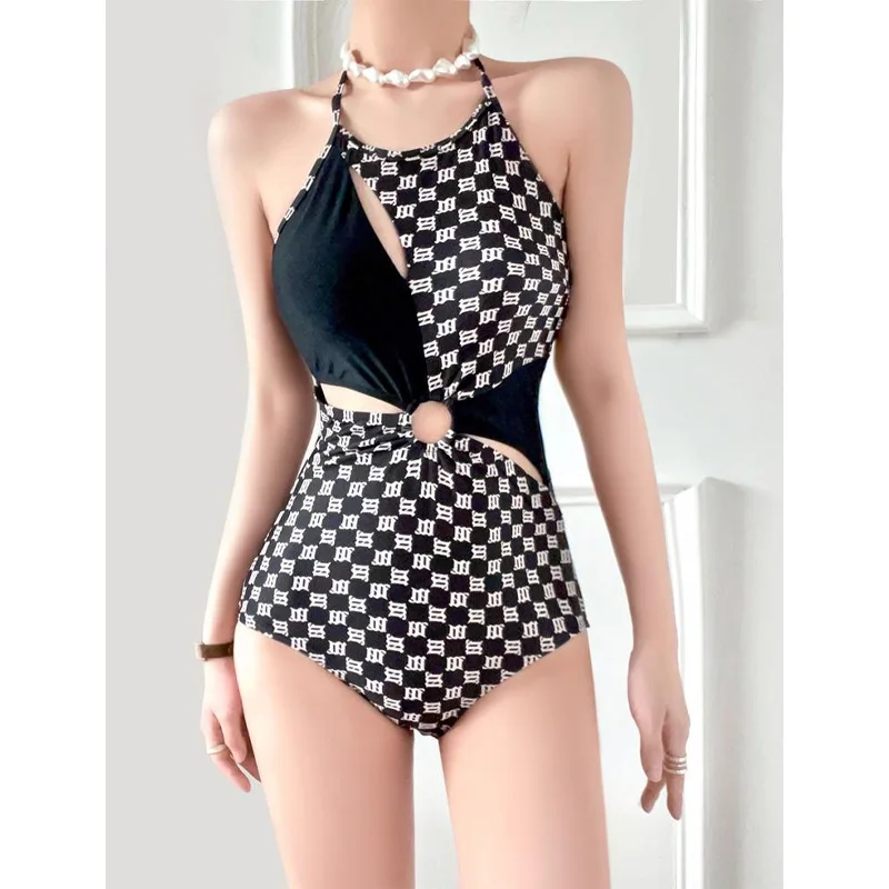 2023 New Summer Fashion Hanging Neck Plaid Band Printing Hollow Out Pure Sexy Backless Beach Hot Spring Swimming Bikini Set