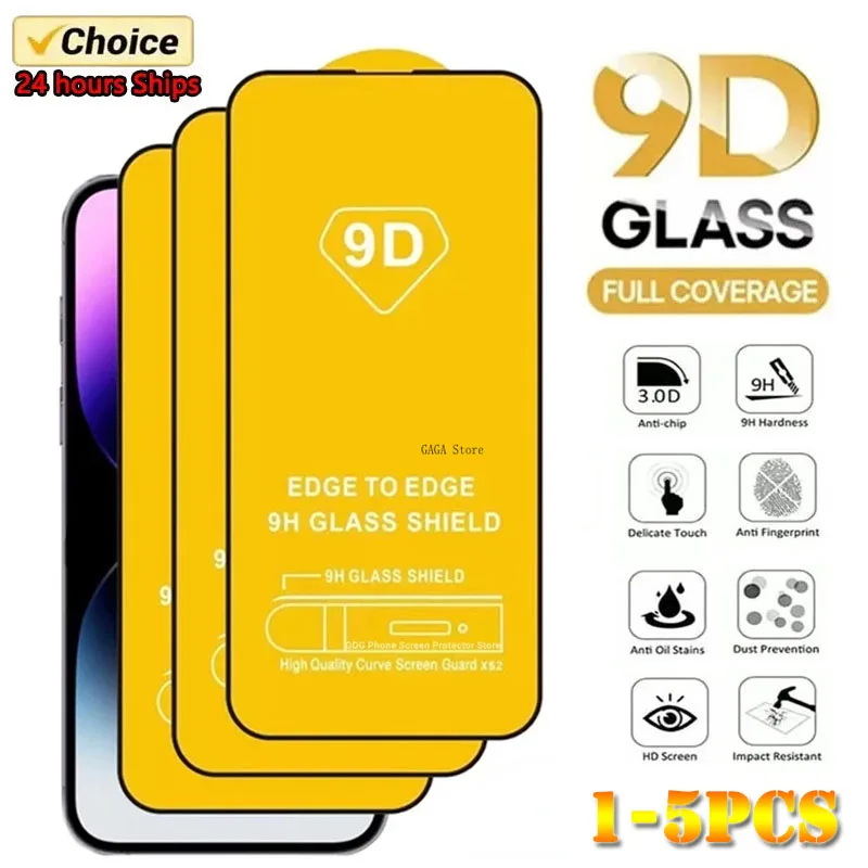 

1-5PCS 9D HD Tempered Glass for IPhone 15 14 13 12 11 PRO MAX Black Edge Screen Protectors for IPhone 12mini XR 7 8 Plus XS Max