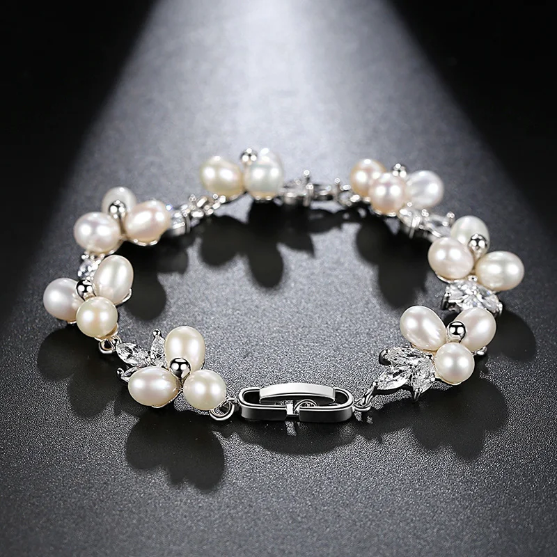 LUOTEEMI Elegant CZ Freshwater Pearl Bracelet Luxury Cubic Zirconia Women Flower Bridal Wedding Engagement Bracelets Jewellery